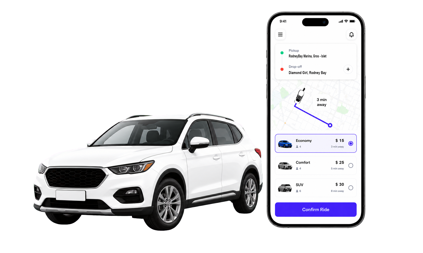 ReadyRide app booking interface with car